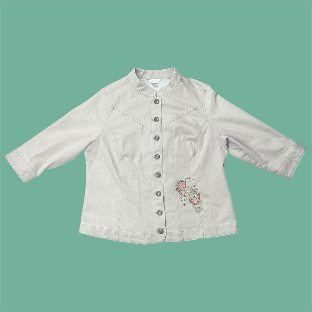 buttons CJ Banks jacket stretch cream floral flowers sequins